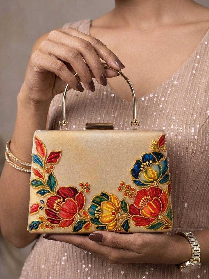   printed gold floral clutch bag for women with detachable strap