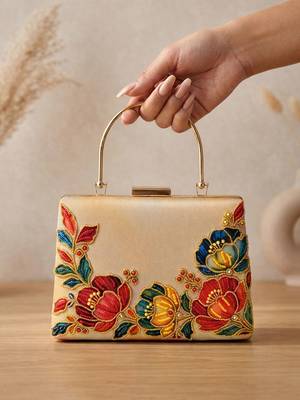   printed gold floral clutch bag for women with detachable strap 2