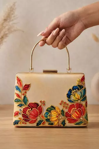   printed gold floral clutch bag for women with detachable strap