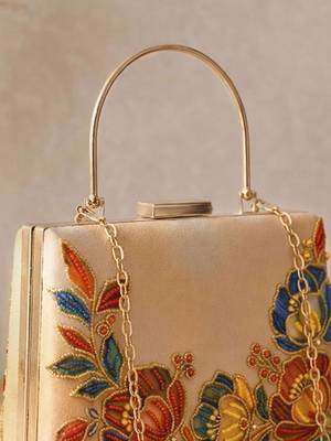   printed gold floral clutch bag for women with detachable strap 3