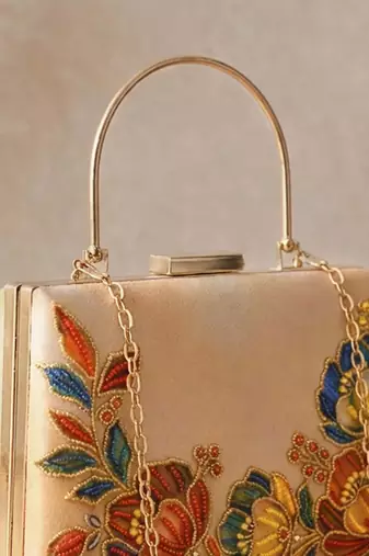   printed gold floral clutch bag for women with detachable strap
