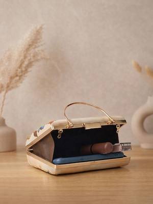   printed gold floral clutch bag for women with detachable strap 4