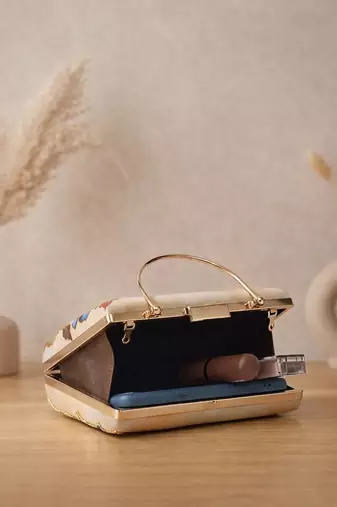  printed gold floral clutch bag for women with detachable strap