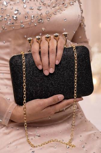   black stylish midnight luxe glitter embroidery clutch bag for women with detachble strap