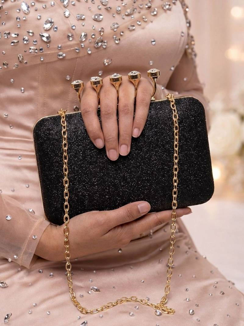   black stylish midnight luxe glitter embroidery clutch bag for women with detachble strap