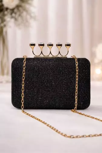   black stylish midnight luxe glitter embroidery clutch bag for women with detachble strap