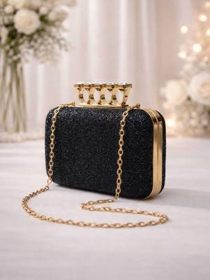   black stylish midnight luxe glitter embroidery clutch bag for women with detachble strap 3