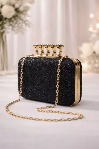   black stylish midnight luxe glitter embroidery clutch bag for women with detachble strap