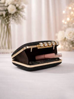   black stylish midnight luxe glitter embroidery clutch bag for women with detachble strap 4