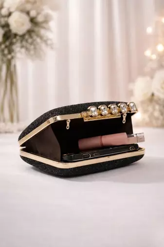   black stylish midnight luxe glitter embroidery clutch bag for women with detachble strap