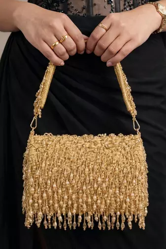  golden beaded fringe clutch bag for women with detachble strap