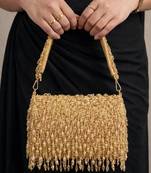  golden beaded fringe clutch bag for women with detachble strap