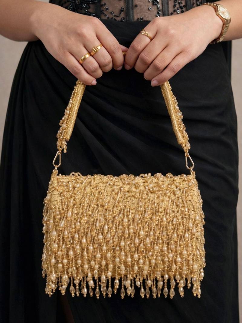  golden beaded fringe clutch bag for women with detachble strap