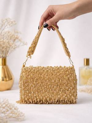  golden beaded fringe clutch bag for women with detachble strap 2