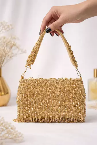  golden beaded fringe clutch bag for women with detachble strap