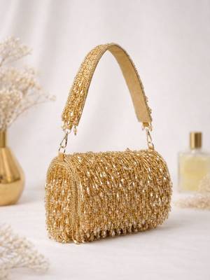  golden beaded fringe clutch bag for women with detachble strap 3