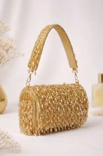  golden beaded fringe clutch bag for women with detachble strap