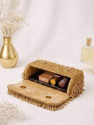  golden beaded fringe clutch bag for women with detachble strap 4