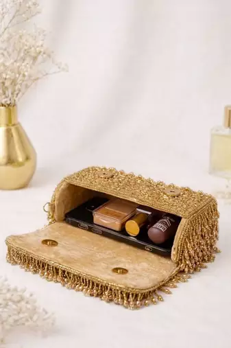  golden beaded fringe clutch bag for women with detachble strap