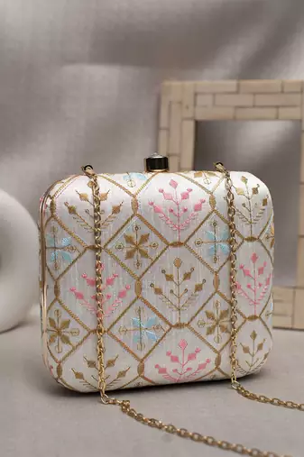  embroidered box clutch bag for women with detachble strap