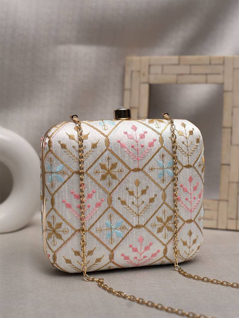  embroidered box clutch bag for women with detachble strap