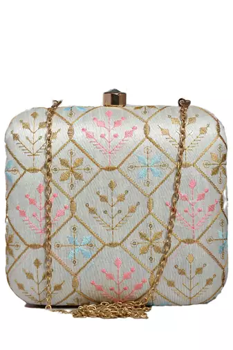  embroidered box clutch bag for women with detachble strap