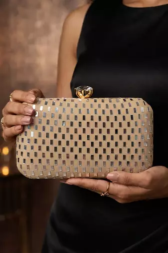  elegant gold sequin box clutch bag for women with detachble strap