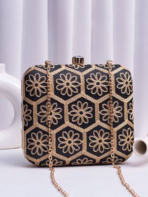  black based thread work embroidery clutch bag for wonen with detachable strap 1