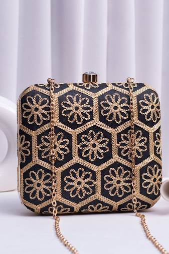  black based thread work embroidery clutch bag for wonen with detachable strap