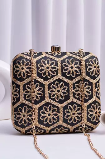  black based thread work embroidery clutch bag for wonen with detachable strap