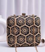  black based thread work embroidery clutch bag for wonen with detachable strap