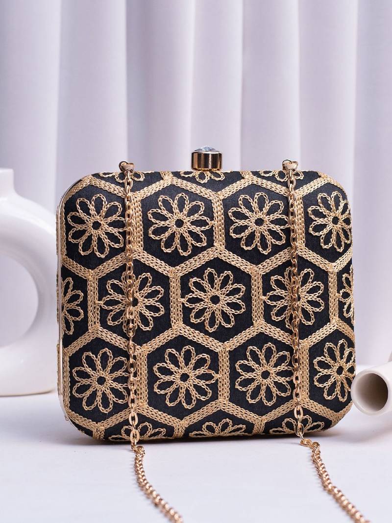  black based thread work embroidery clutch bag for wonen with detachable strap