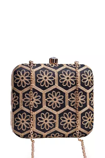  black based thread work embroidery clutch bag for wonen with detachable strap
