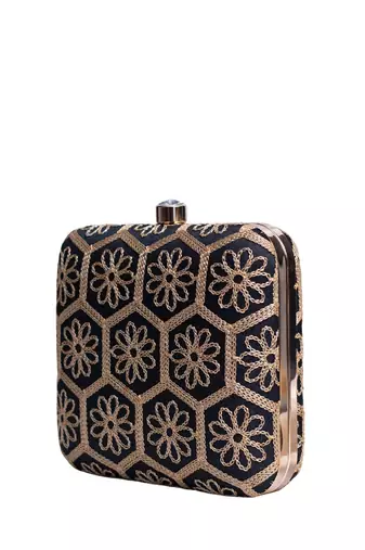  black based thread work embroidery clutch bag for wonen with detachable strap