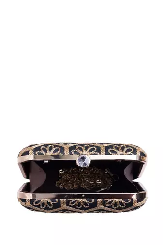  black based thread work embroidery clutch bag for wonen with detachable strap