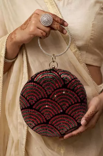  chic black with red & green sequin pattern embroidery clutch bag for women with detachble strap
