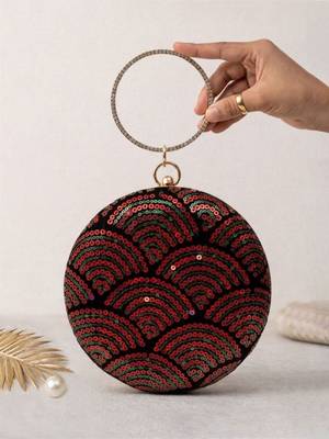  chic black with red & green sequin pattern embroidery clutch bag for women with detachble strap 2