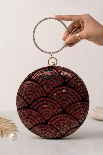  chic black with red & green sequin pattern embroidery clutch bag for women with detachble strap