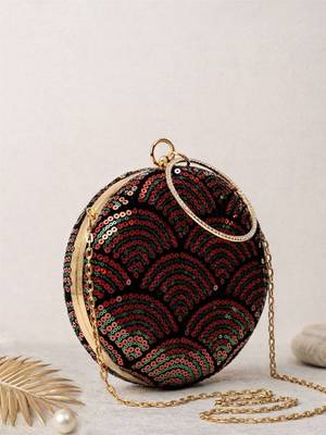  chic black with red & green sequin pattern embroidery clutch bag for women with detachble strap 3