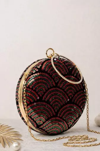  chic black with red & green sequin pattern embroidery clutch bag for women with detachble strap