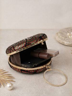  chic black with red & green sequin pattern embroidery clutch bag for women with detachble strap 4