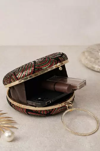  chic black with red & green sequin pattern embroidery clutch bag for women with detachble strap