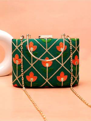  green based orange floral threadwork embroidery clutch bag for women with detachble strap 1