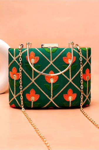  green based orange floral threadwork embroidery clutch bag for women with detachble strap