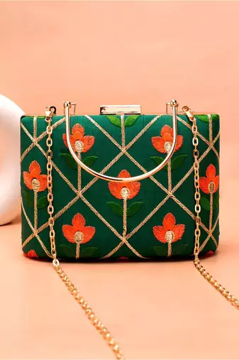  green based orange floral threadwork embroidery clutch bag for women with detachble strap