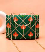  green based orange floral threadwork embroidery clutch bag for women with detachble strap