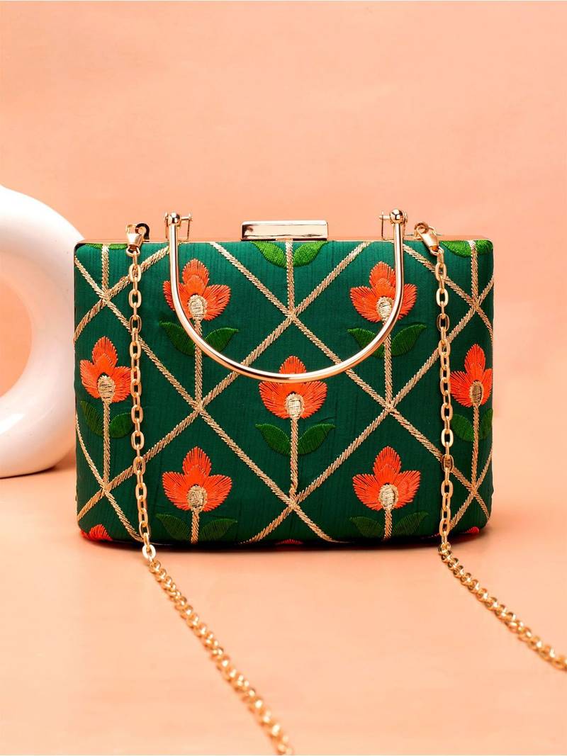  green based orange floral threadwork embroidery clutch bag for women with detachble strap