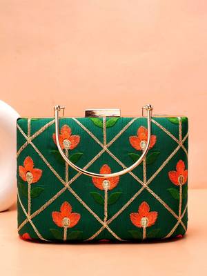  green based orange floral threadwork embroidery clutch bag for women with detachble strap 2