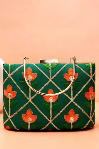 green based orange floral threadwork embroidery clutch bag for women with detachble strap