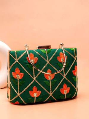  green based orange floral threadwork embroidery clutch bag for women with detachble strap 3